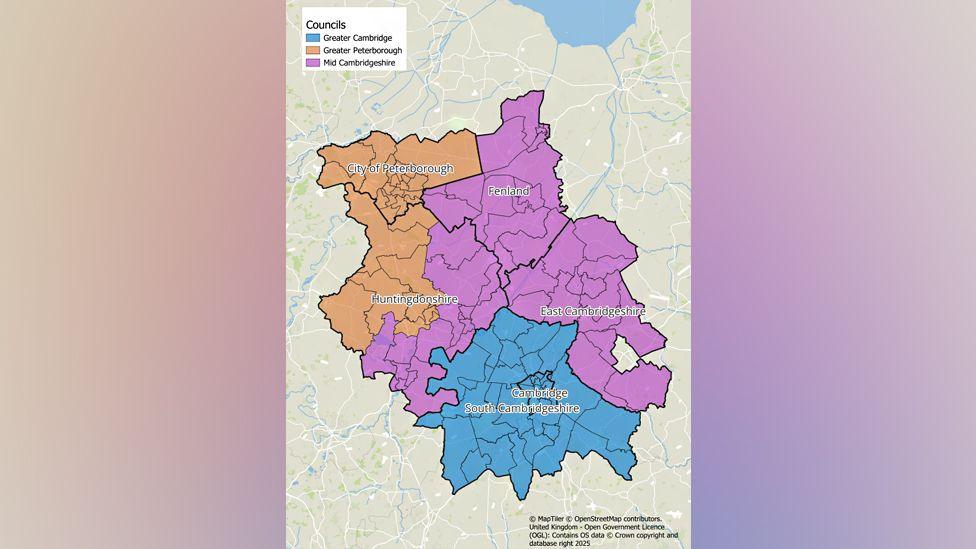 A map of Cambridgeshire showing "Greater Peterborough" in orange, "Greater Cambridge" in blue and "Mid Cambridgeshire" in dark pink.