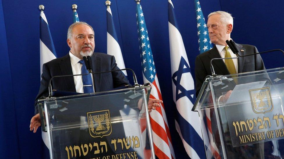 Israelâ€™s Minister of Defense Avigdor Lieberman (L) and US Defense Secretary James Mattis in Jerusalem