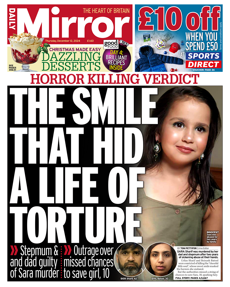 The headline in the Mirror reads: "The smile that hid a life of torture". 