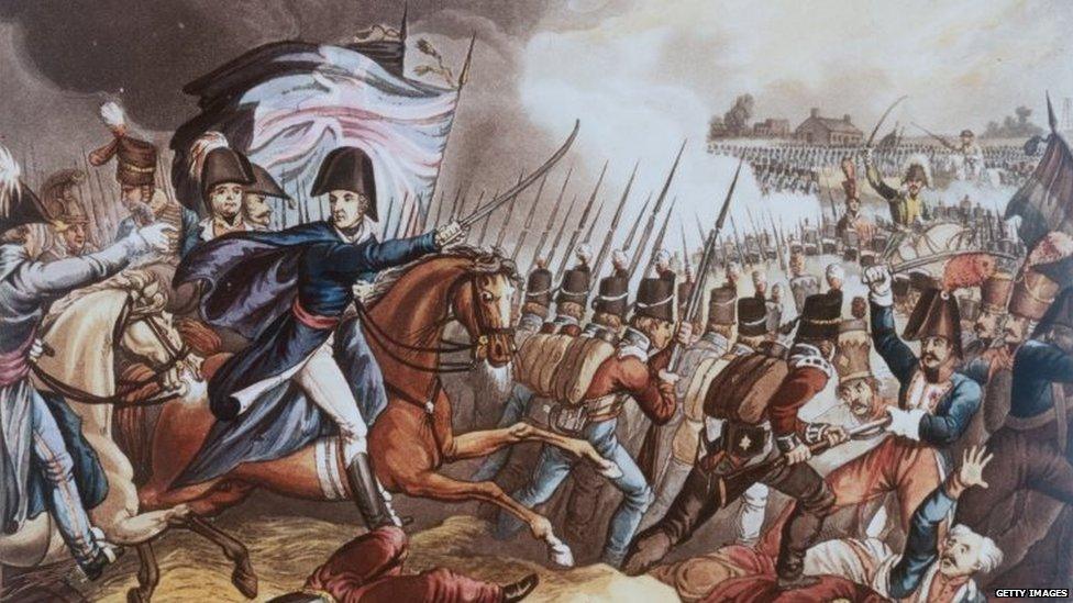 The Duke of Wellington orders his cavalry to advance towards the retreating French at the Battle of Waterloo