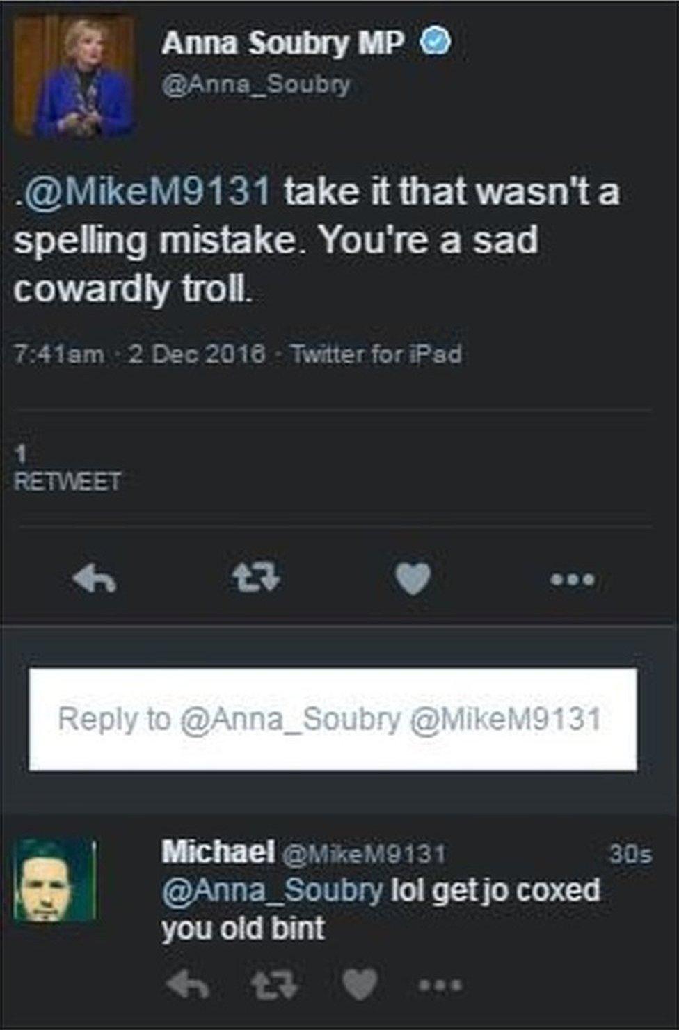 Tweets between Anna Soubry and the troll