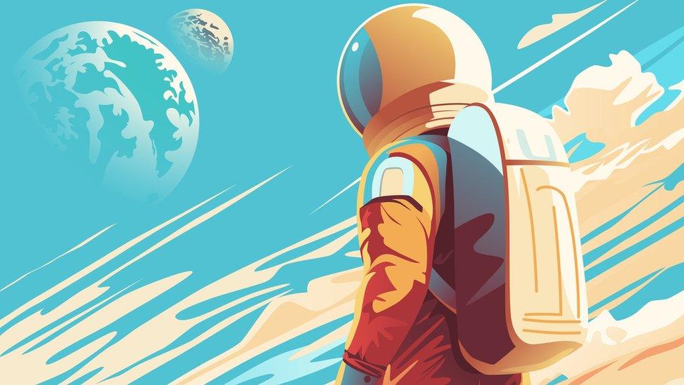 illustration of an astronaut looking out in their spacesuit with two planets in the background