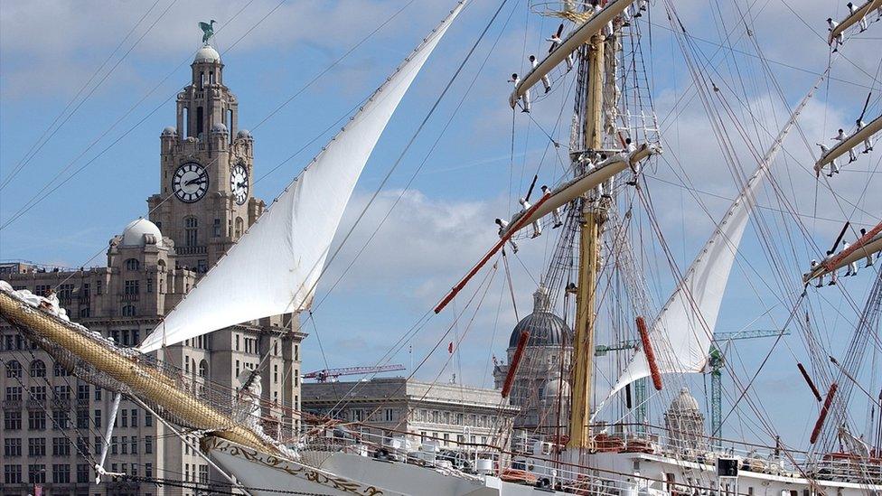 Tall ship in front of Liverpool Graces