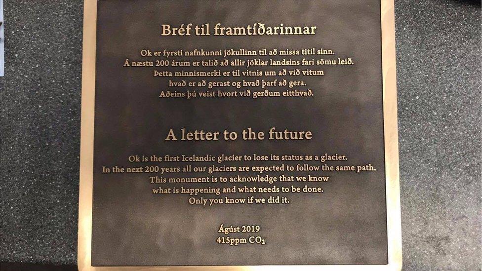 A plaque placed at the former site of Okjokull, a glacier in Iceland declared dead in 2014