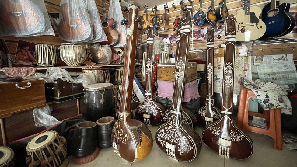 Instruments seen at a shop in Miraj