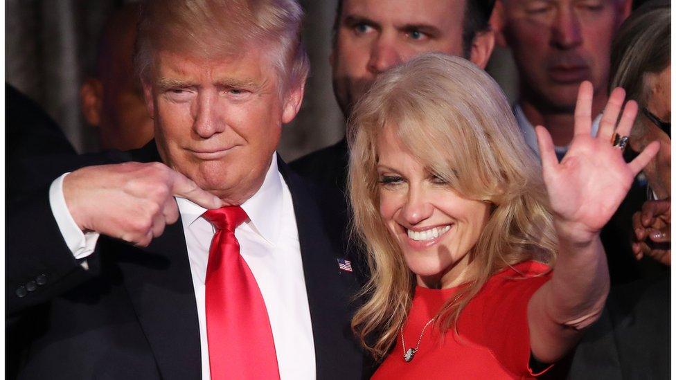 Republican president-elect Donald Trump along with his campaign manager Kellyanne Conway acknowledge the crowd during his election night event at the New York Hilton Midtown in the early morning hours of November 9, 2016 in New York City. Donald Trump defeated Democratic presidential nominee Hillary Clinton to become the 45th president of the United States.