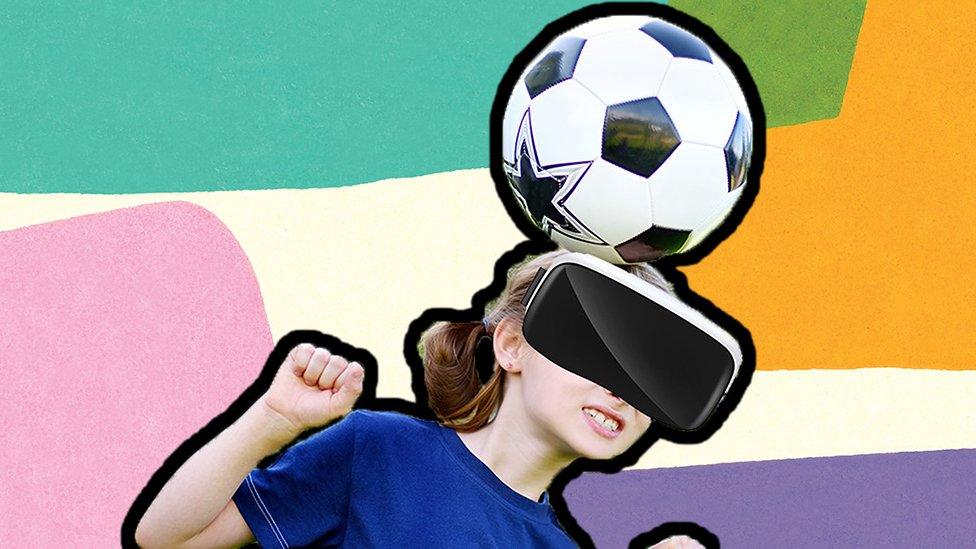 Graphic of girl doing header whilst wearing VR headset