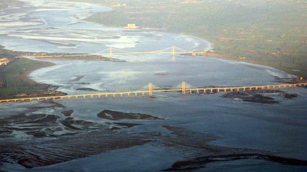 An overhead shot of the two crossings over the River Severn