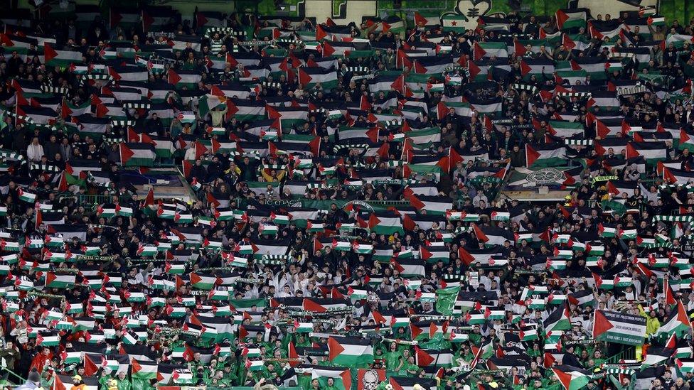 The stands at Celtic Park were a sea of Palestinian flags shortly before kick off against Atletico Madrid