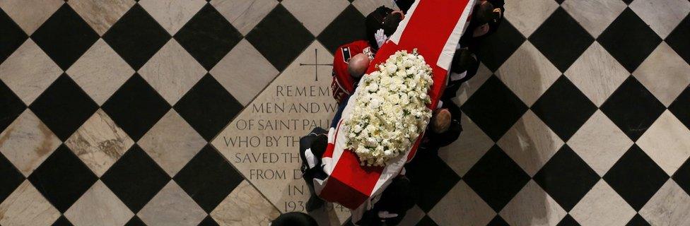 Coffin of former British prime minister Margaret Thatcher