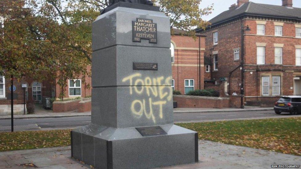 The vandalised Margaret Thatcher statue