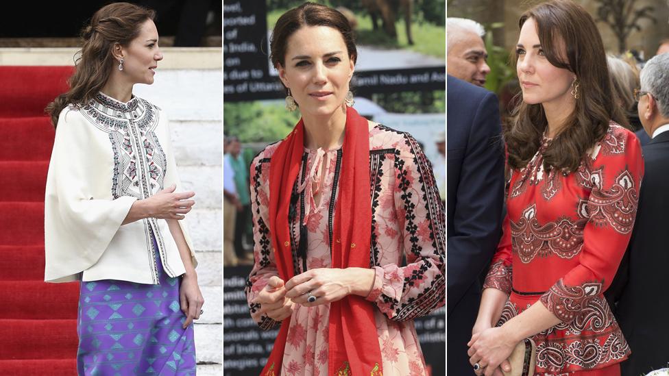 Duchess of Cambridge (l-r) in Bhutan, Assam and Mumbai.