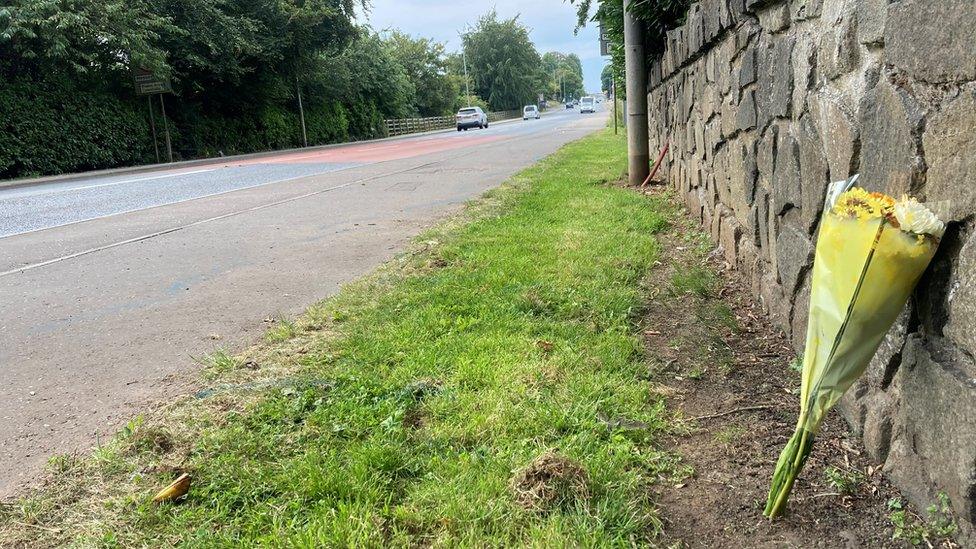 Flowers left at the scene of the crash in Magherafelt