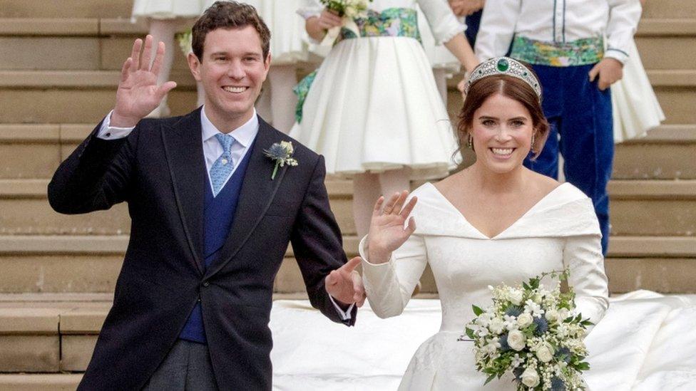 Jack Brooksbank and Eugenie outside the chapel