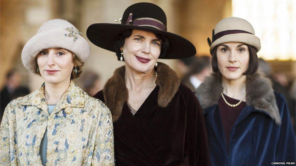 Laura Carmichael as Lady Edith Crawley, Elizabeth McGovern as Cora, Countess of Grantham and Michelle Dockery as Lady Mary Crawley