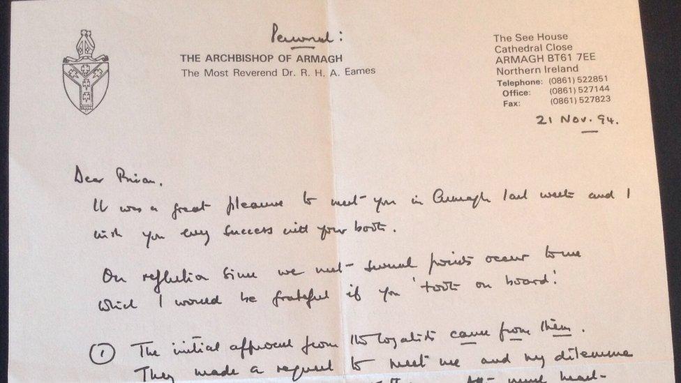 The then Church of Ireland Archbishop, Robin Eames, wrote to Brian Rowan in 1994