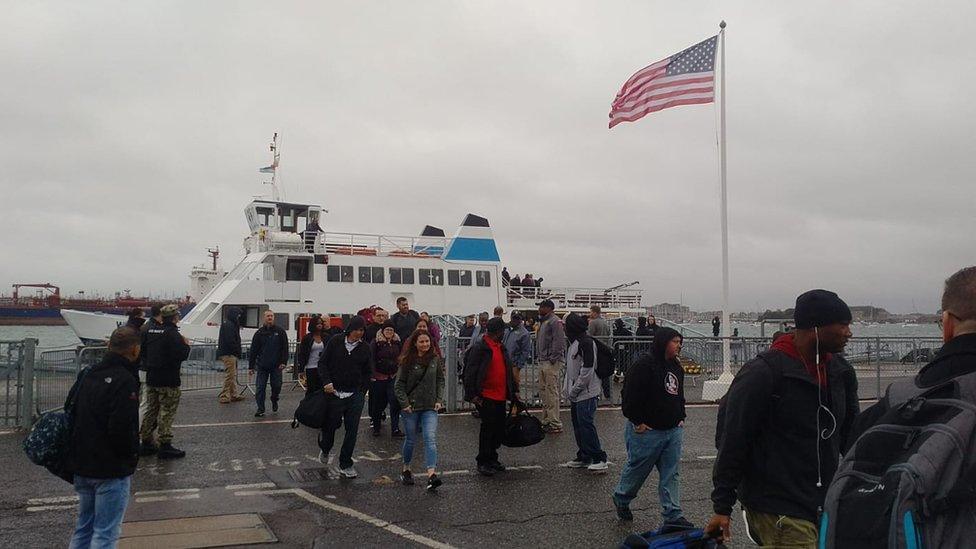 Ship's crew arriving in Portsmouth