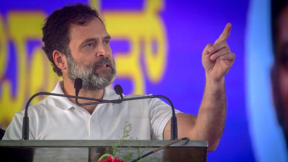 Rahul Gandhi, leader of the Indian National Congress (INC) addresses an election rally on April 16, 2023 in Kolar, India.