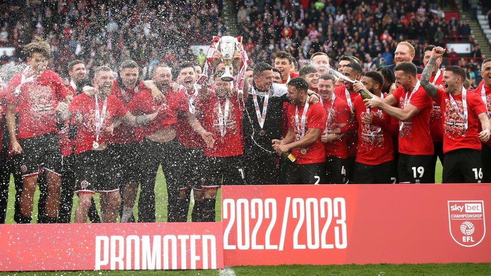 Sheffield United players celebrate promotion to Premier League