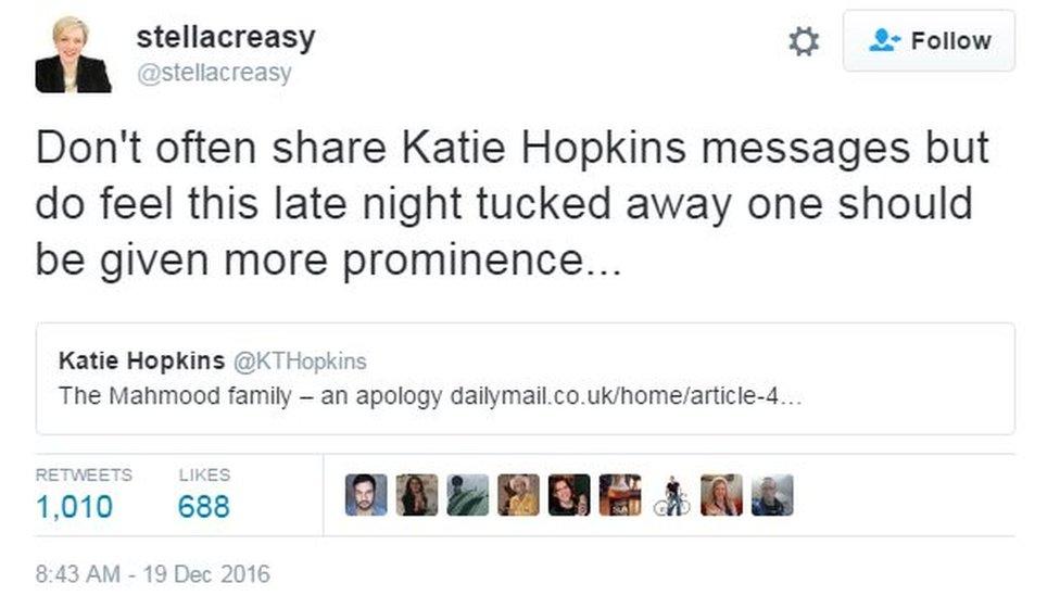 Stella Creasy re-tweets Katie Hopkins