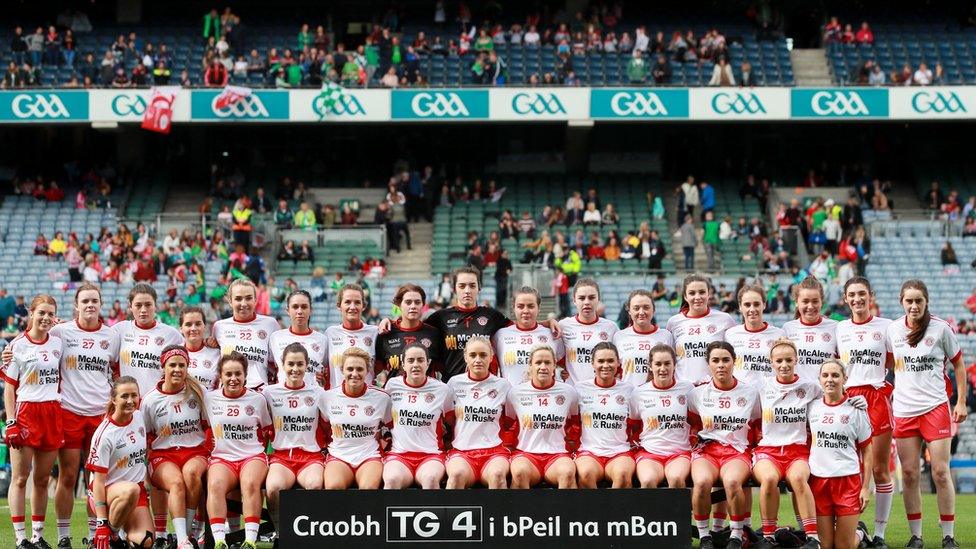 Tyrone's panel pictured before they took on Meath in the final of the All-Ireland Intermediate Football Championship