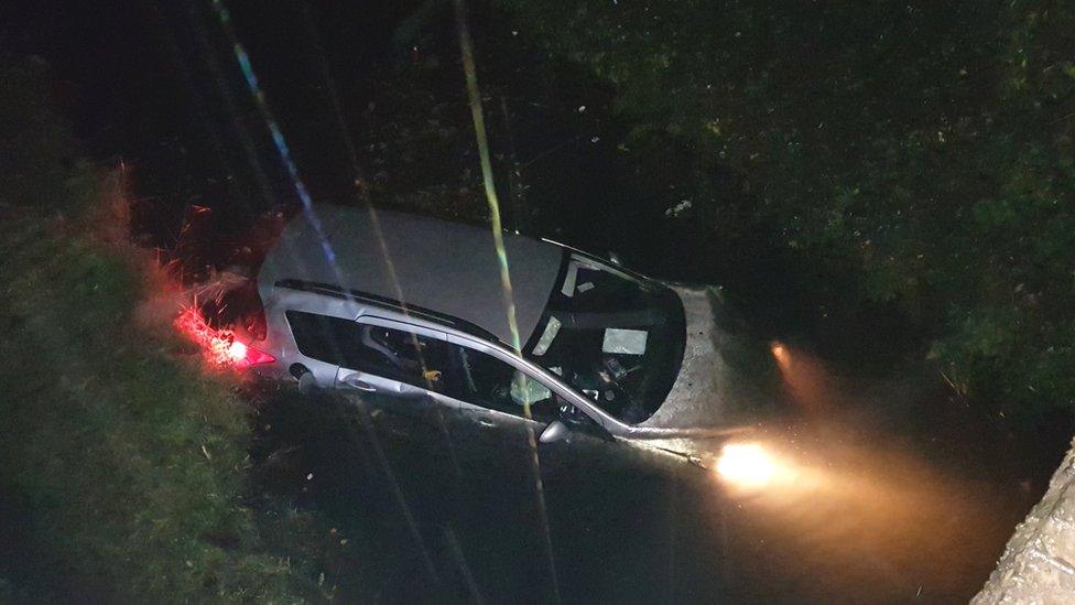 Car in canal at Neath Abbey, Neath Port Talbot