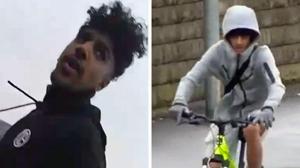 Two CCTV images side by side of one man wearing a black jacket and the other wearing grey on a bike 