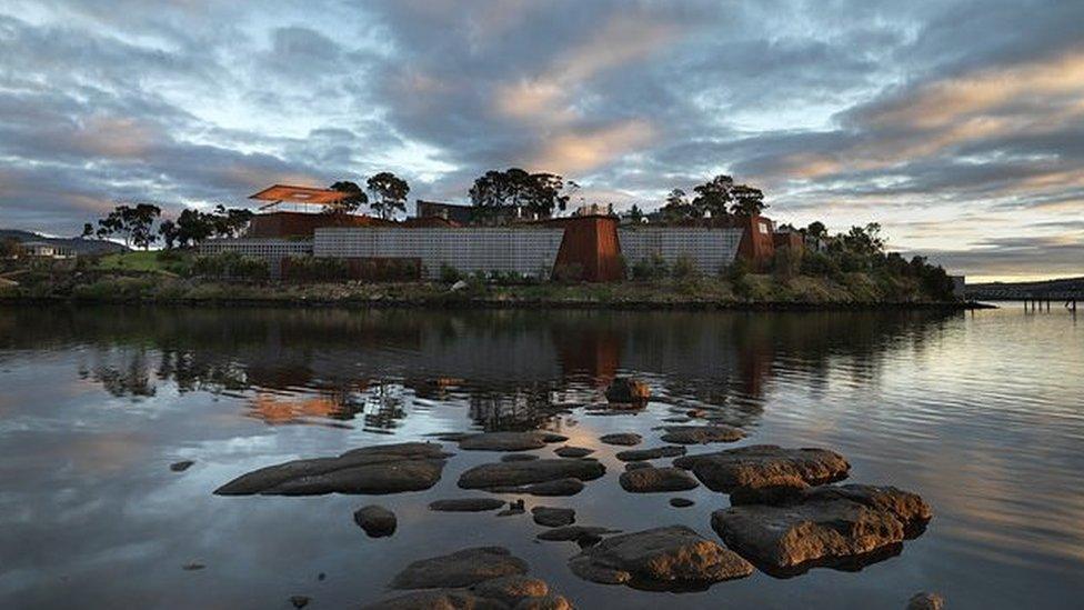 Mona's southern facade viewed from Little Frying Pan Island, south of the museum