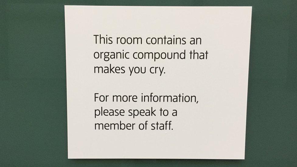 A sign reading: This room contains an organic compound that makes you cry. For more information please speak to a member of staff