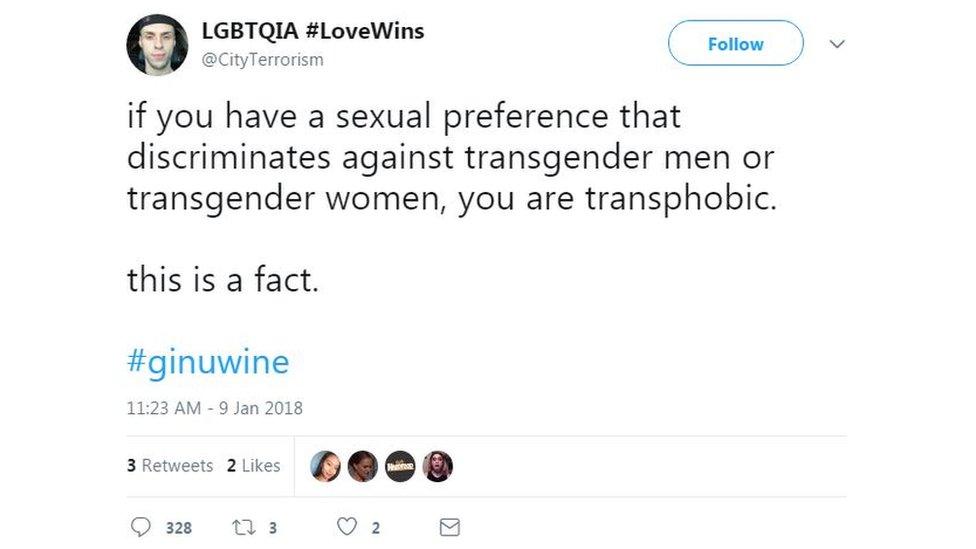 A tweet claiming that sexual preferences which discriminate against transgender men or women are transphobic