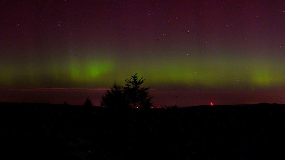 Northern lights over Nantyr near Llangollen, taken by Carl Thornton