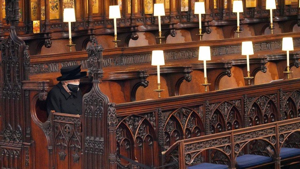 The Queen sitting alone at the funeral of the Duke of Edinburgh