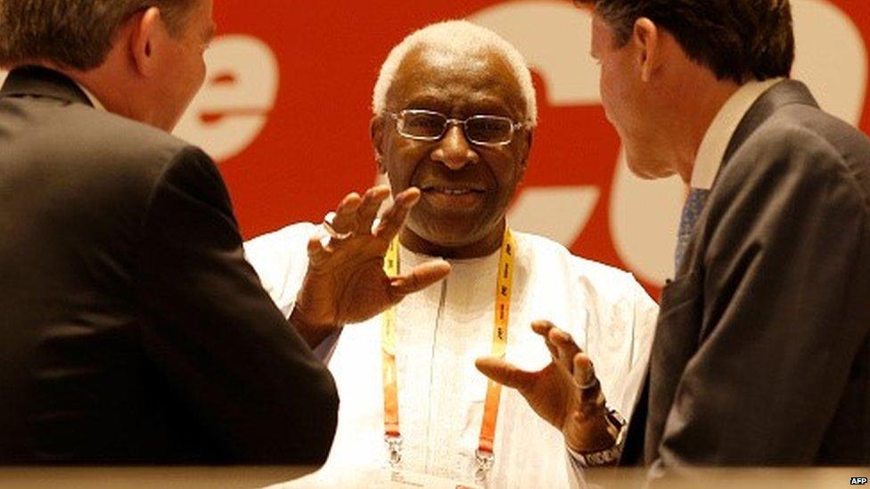 Lord Sebastian Coe talks with outgoing president Lamine Diack after being elected as the new President of the IAAF during the 50th IAAF Congress at the China National Convention Centre, CNCC on 19 August 2015 in Beijing, China.