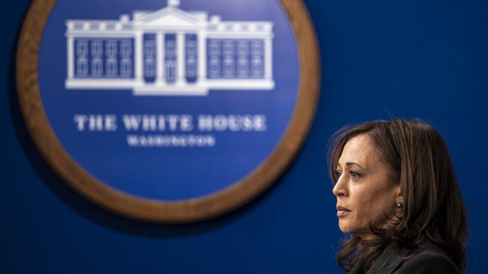 Kamala Harris stands alone near the White House seal