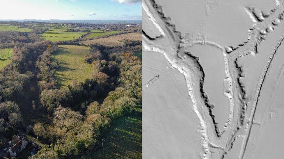 Markland Grips - a composite image showing on the left a daylight drone show of a lozenged shaped head of land bordered on three sides by wooded valleys, and on the right a black and white overhead radar image of the same area, which emphasises the terrain and 'sees through' the foliage.