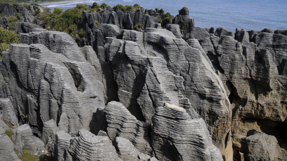 The Pancake Rocks at Dolomite Point south of the main village of Punakaiki on the West Coast of the South Island of New Zealand, on the edge of the Paparoa National Park.