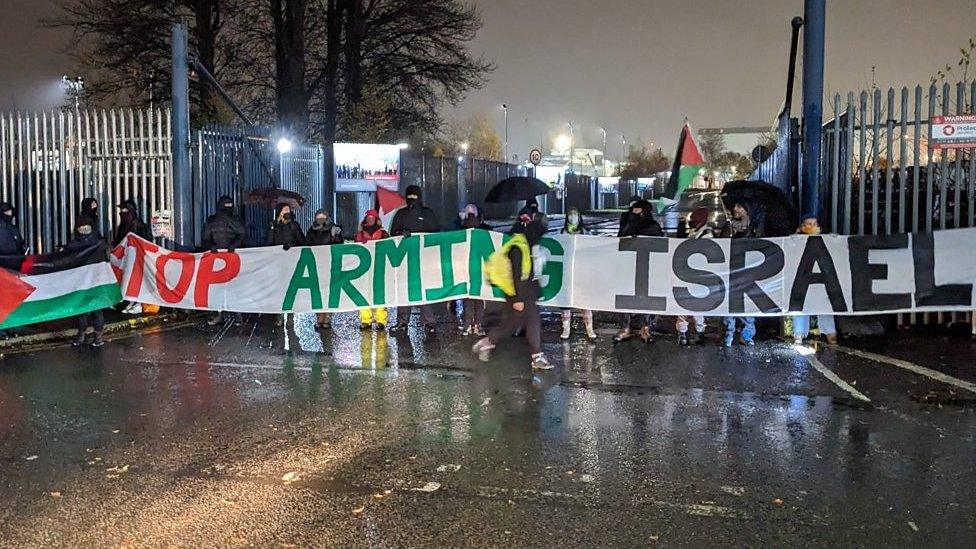 Campaigners stage a blockade at the BAE shipyard in Glasgow in protest over its ties to Israel.