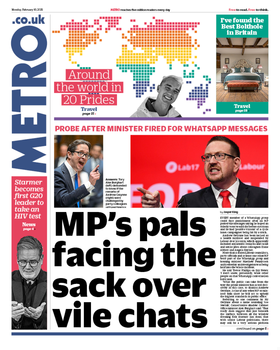 The front page of the Metro newspaper