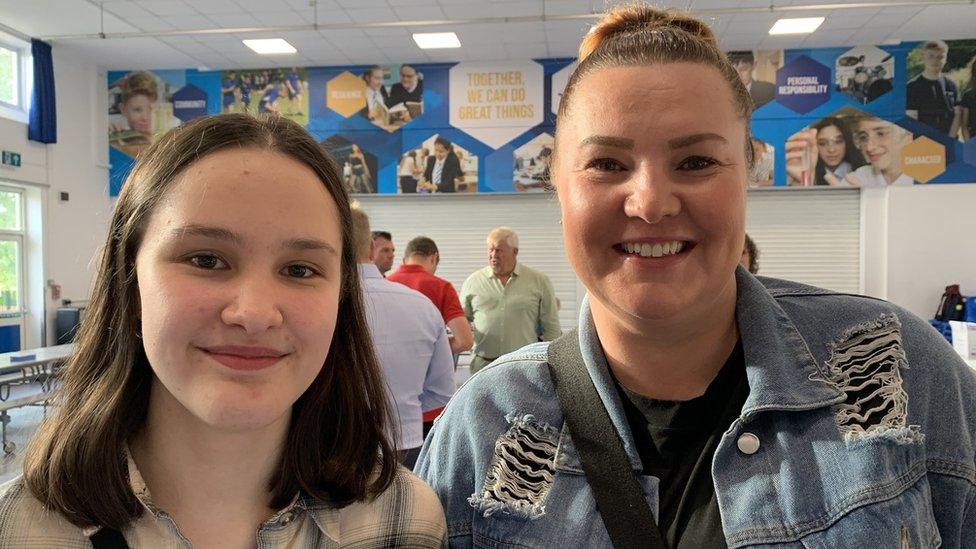 Katie with mum Claire in Cardiff with her GCSE results