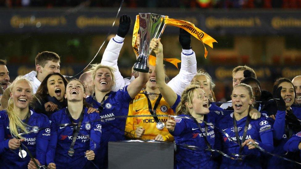 Chelsea Women celebrating winning the FA Women's Continental League Cup in February 2020