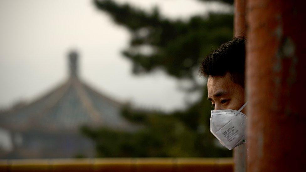 A man wearing a mask looks on at a park near the Forbidden City during heavy smog in Beijing on November 4, 2016