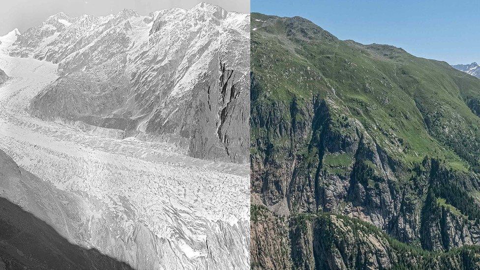 Fieschergletscher as seen from Märjelenalp in 1928 and 2021