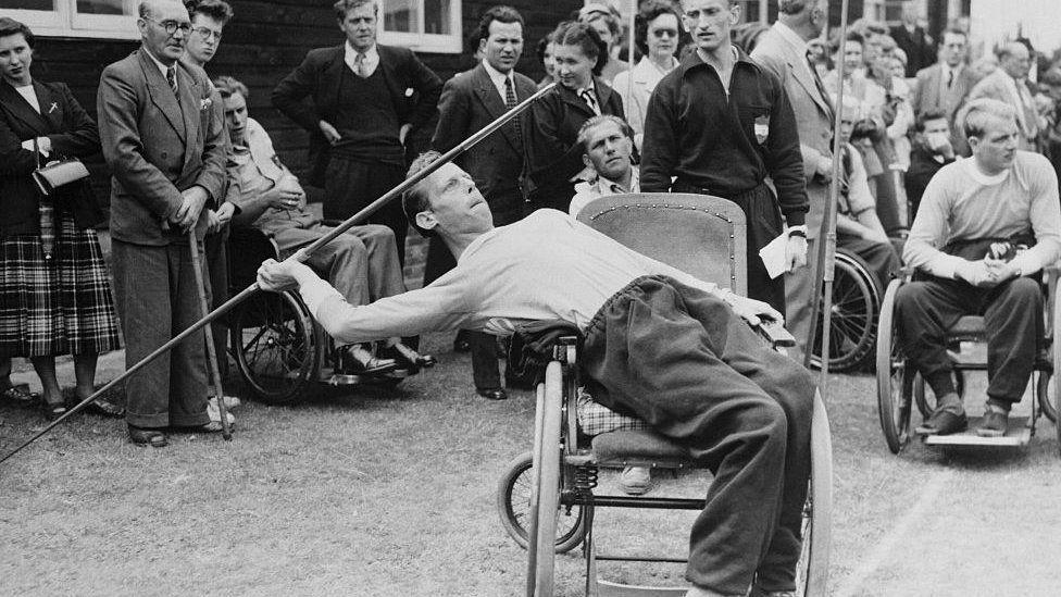 Joep de Beer taking part in the javelin competition in the Stoke Mandeville games in 1954