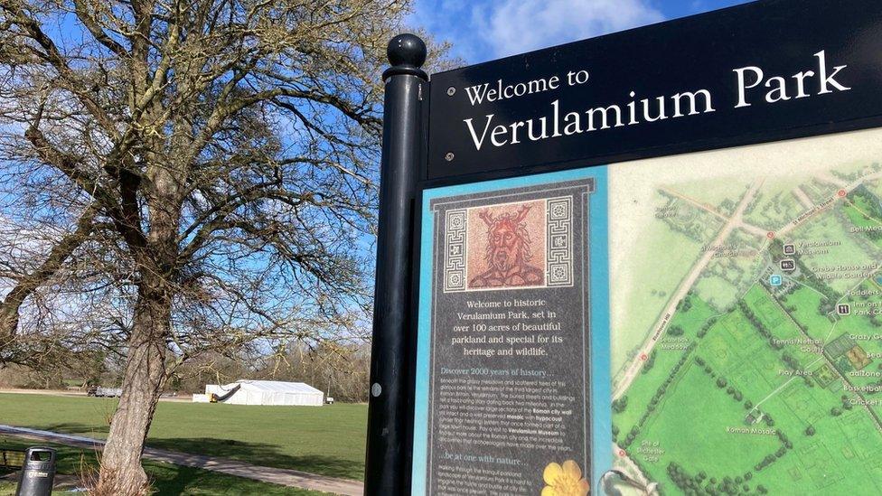 A marquee set up for filming in Verulamium park