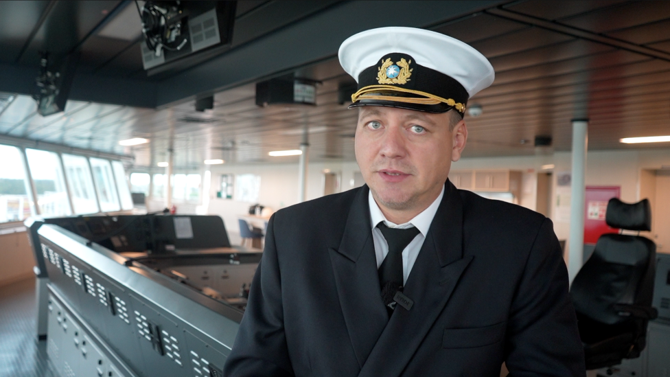 Ship's captain Christian Besa on the bridge of the ship.