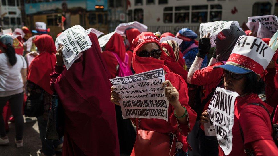 Indonesian migrant workers attend a May Day rally, also known as Labour Day, in Hong Kong on May 1, 2018.