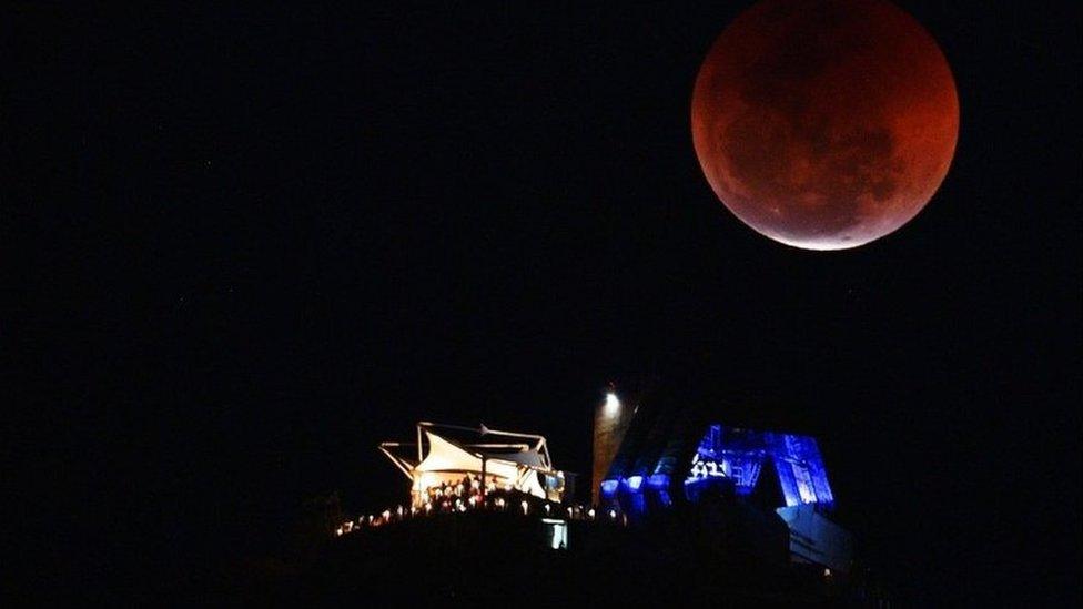 View of a moon eclipse View of a moon eclipse over the Sugar Loaf mountain in Rio de Janeiro, Brazil on July 27, 2018. The longest "blood moon" eclipse this century was underway Friday, coinciding with Mars" closest approach in 15 years to treat skygazers across the globe to a thrilling celestial spectacle, Brazil on July 27, 2018. The longest "blood moon" eclipse this century was underway Friday, coinciding with Mars" closest approach in 15 years to treat skygazers across the globe to a thrilling celestial spectacle