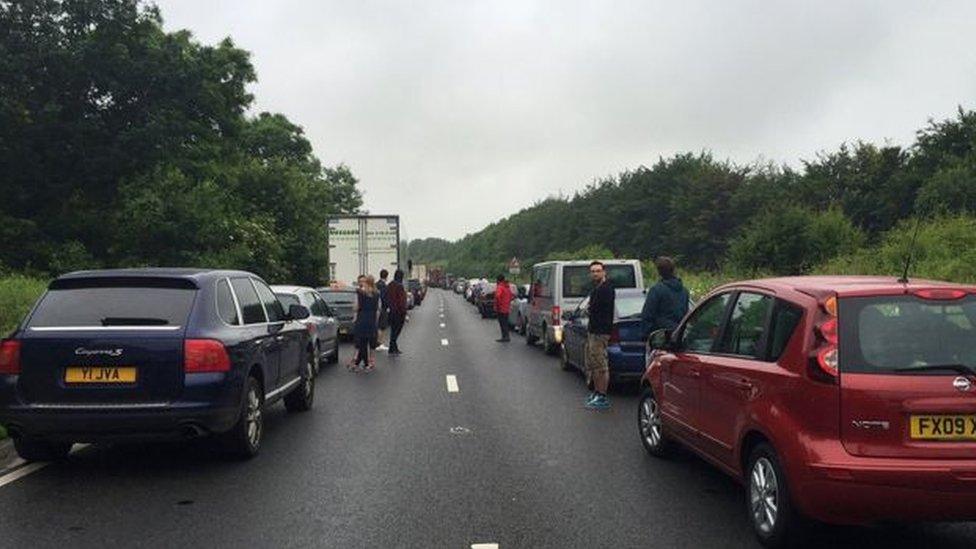 Queuing traffic approaching the Glastonbury Festival site