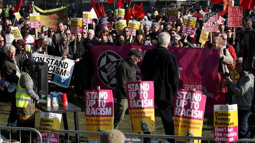 A counter-protest was also held at MediaCityUK by anti-fascists