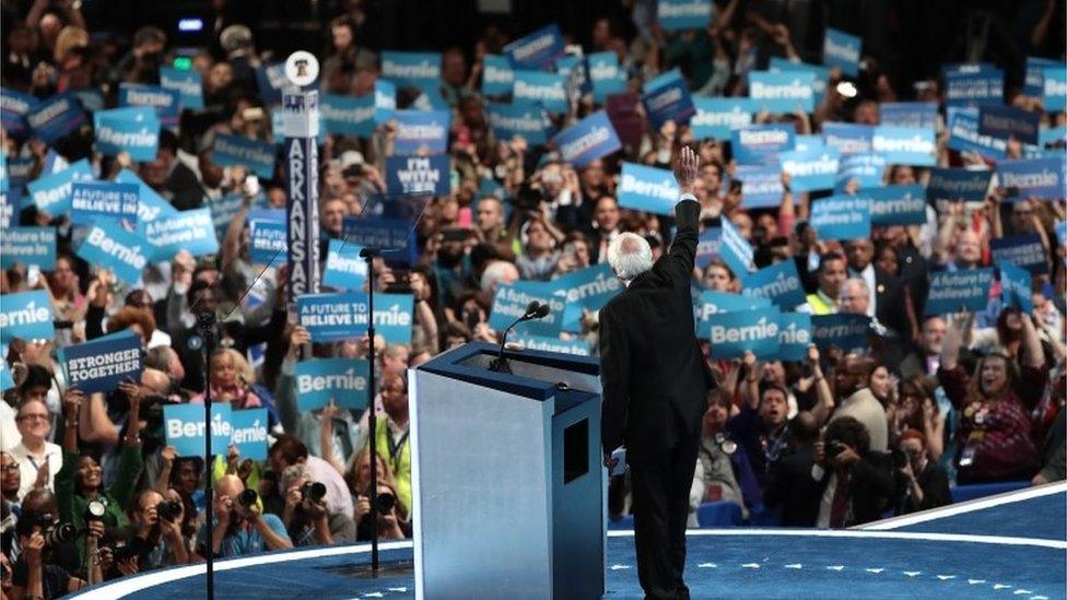 Senator Bernie Sanders delivers remarks on the first day of the Democratic National Convention.